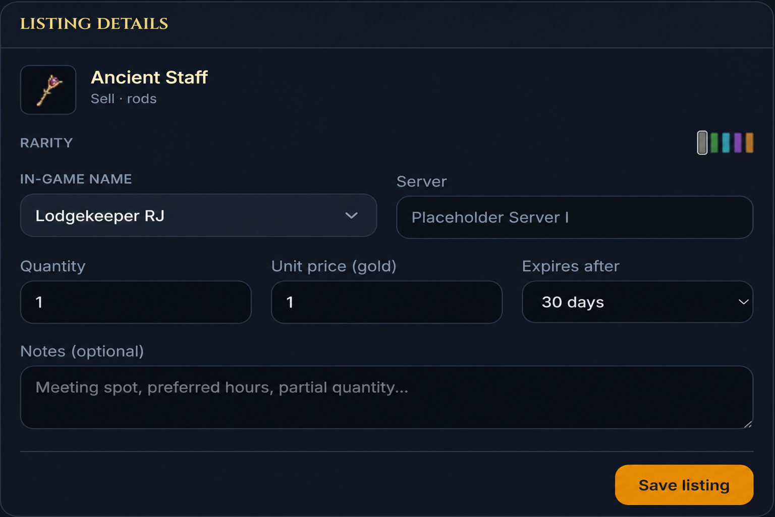 Listing details form with character, price, quantity, and notes