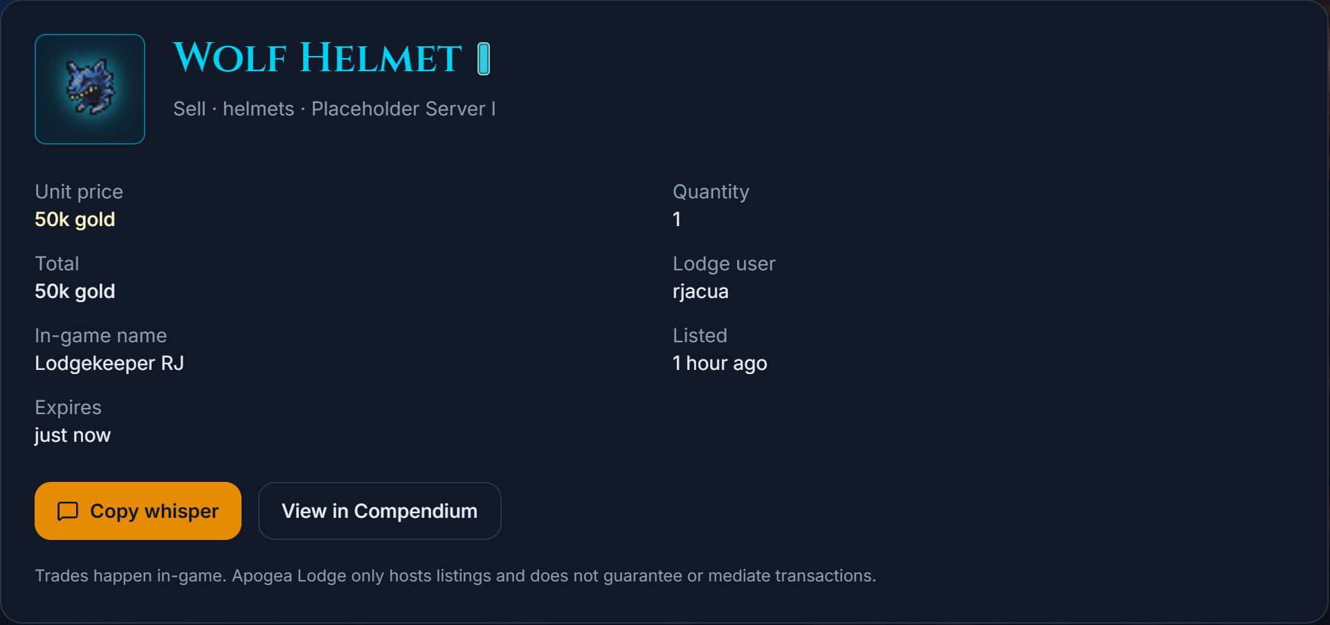 Listing detail with Copy whisper and trade disclaimer