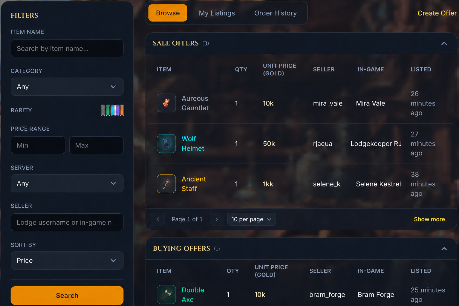 Auction House Browse with Sale offers and Buying offers sections