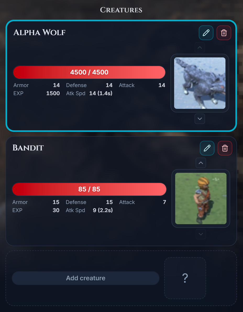 Creature cards on the stage with HP and combat stats