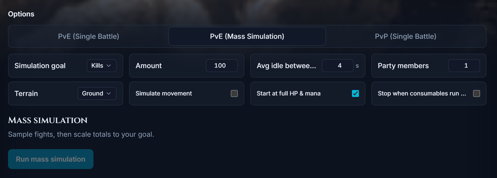 Mass simulation settings and result summary
