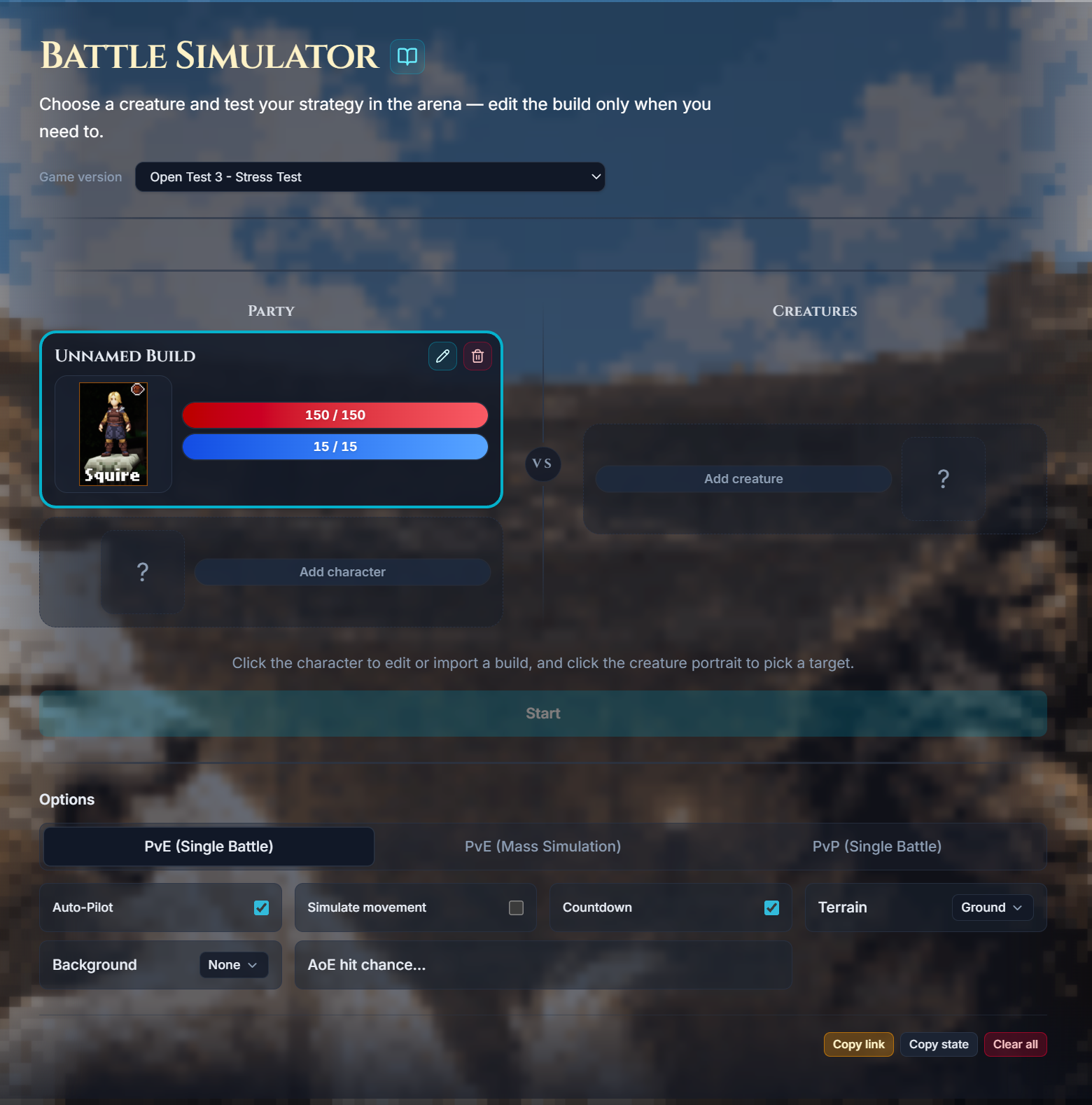 Battle Simulator stage with Party and Creatures columns