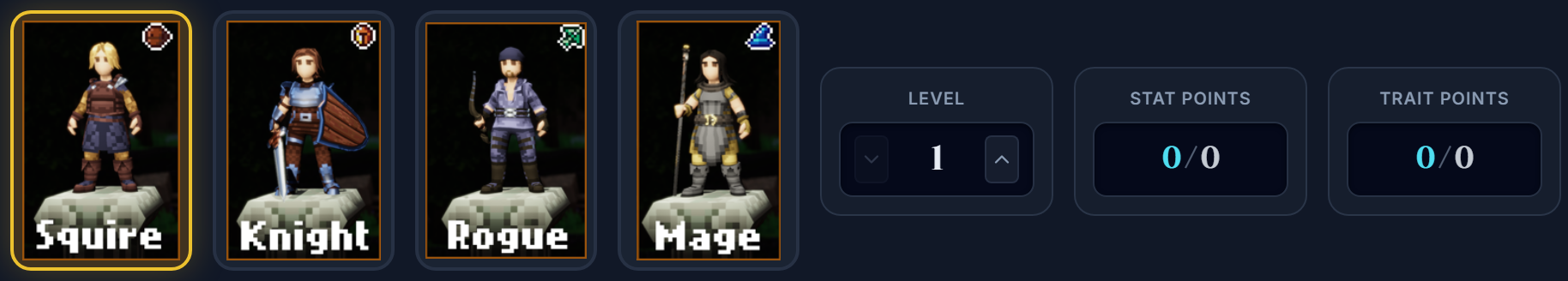 Class selector and level control at the top of the builder