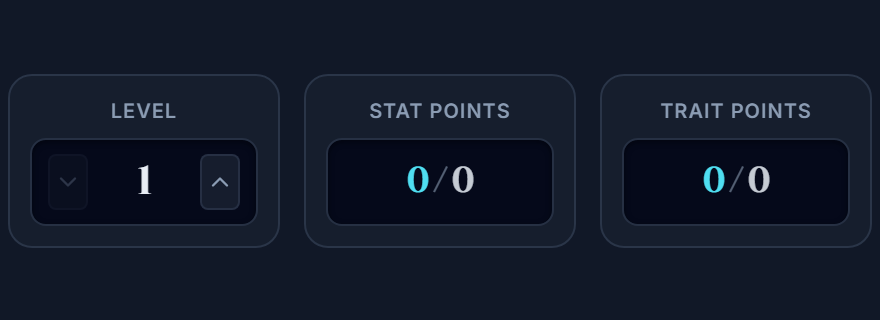 Builder header cards showing remaining stat and trait points