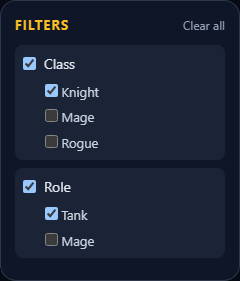 Public builds filter panel with several filters active