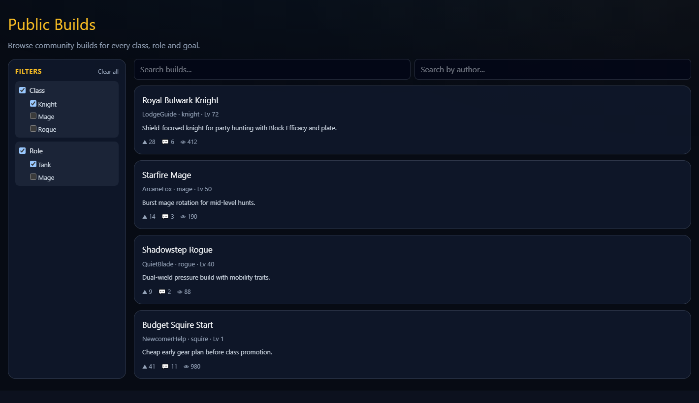 Public builds listing with filter sidebar and several cards