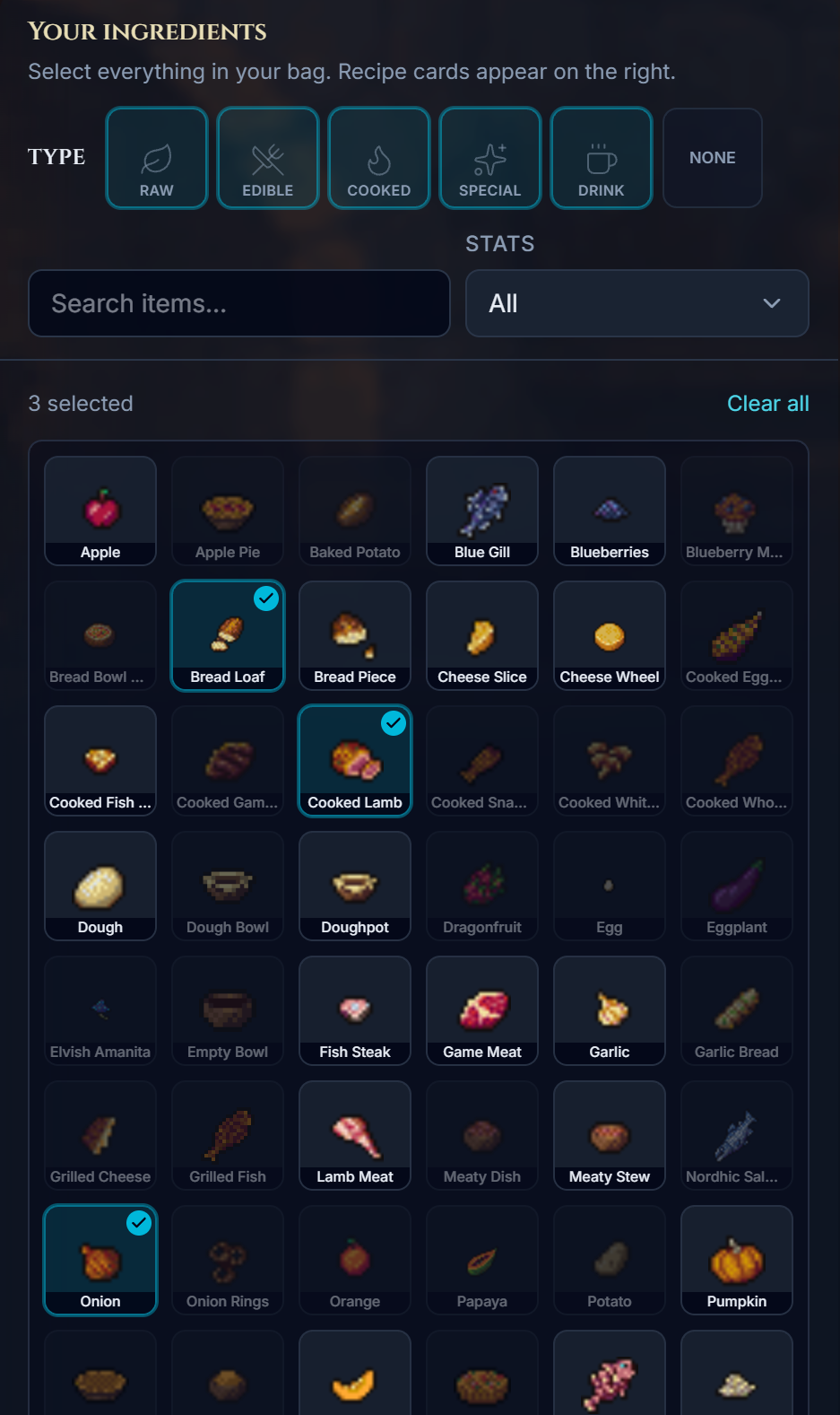 Use Ingredients mode with several bag items selected on the left