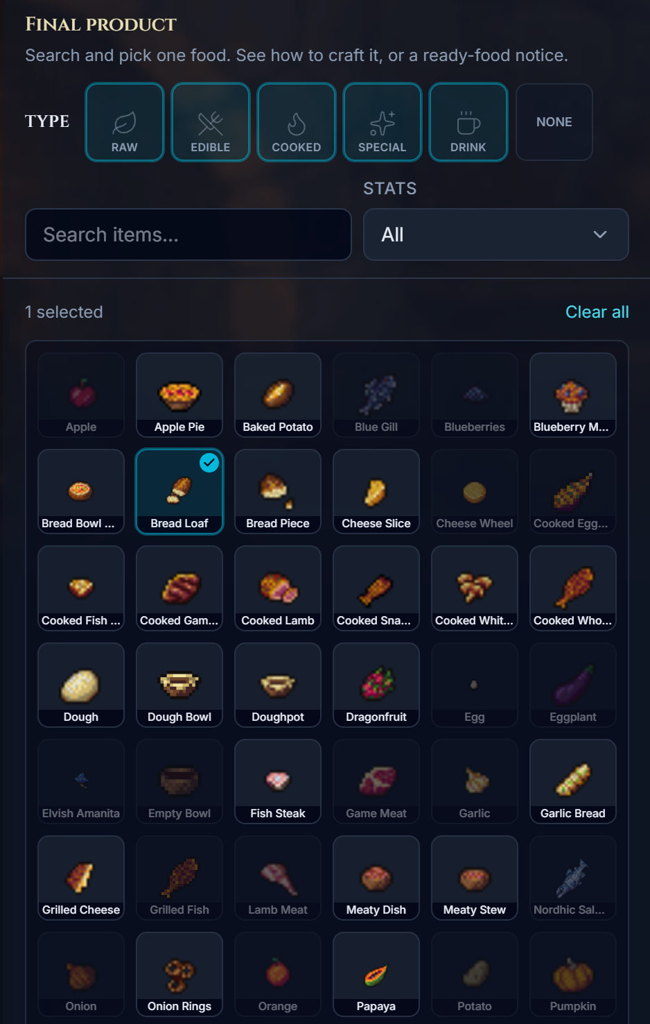How to cook mode with one final dish selected on the left