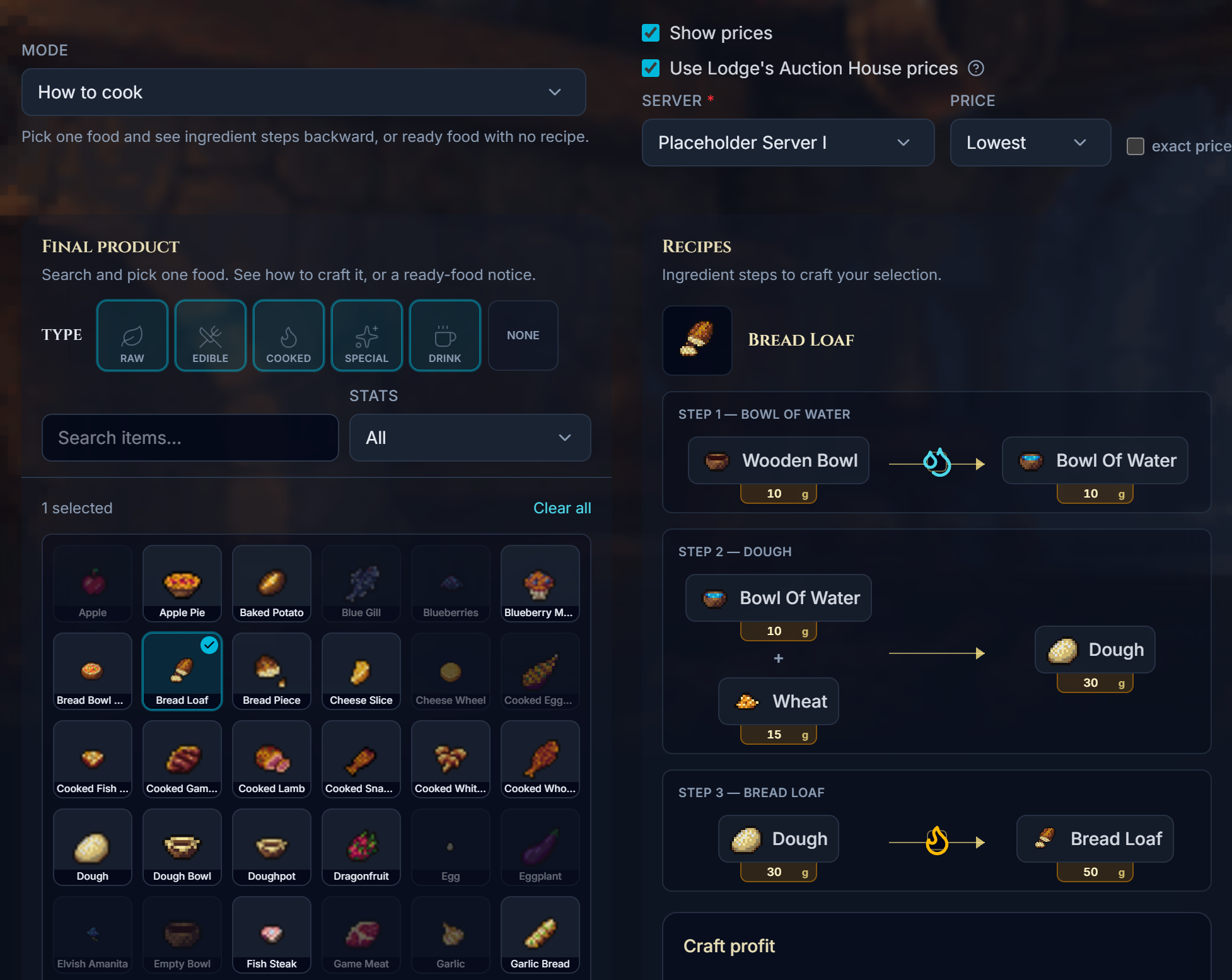 Cooking tool with Final product / ingredients on the left and Recipes on the right