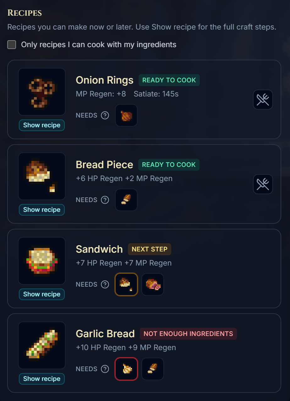 Recipe result cards ready now and partial on the right