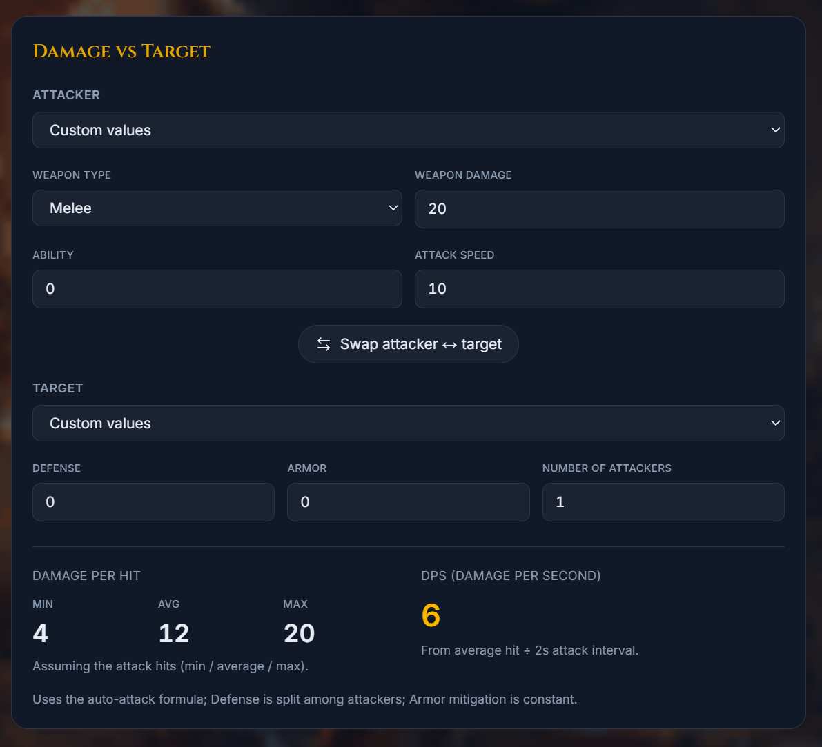 Damage Calculator with attacker stacked above target