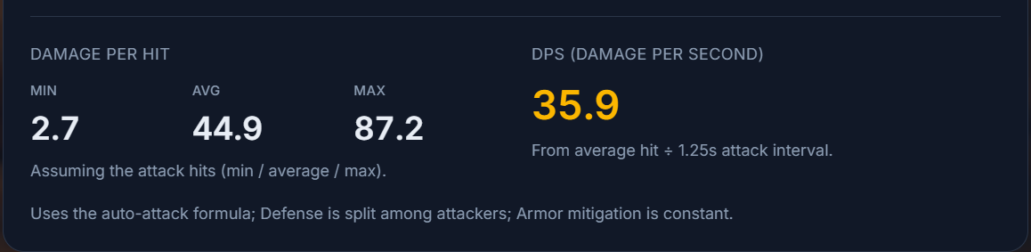 Damage result summary for the current offense vs target