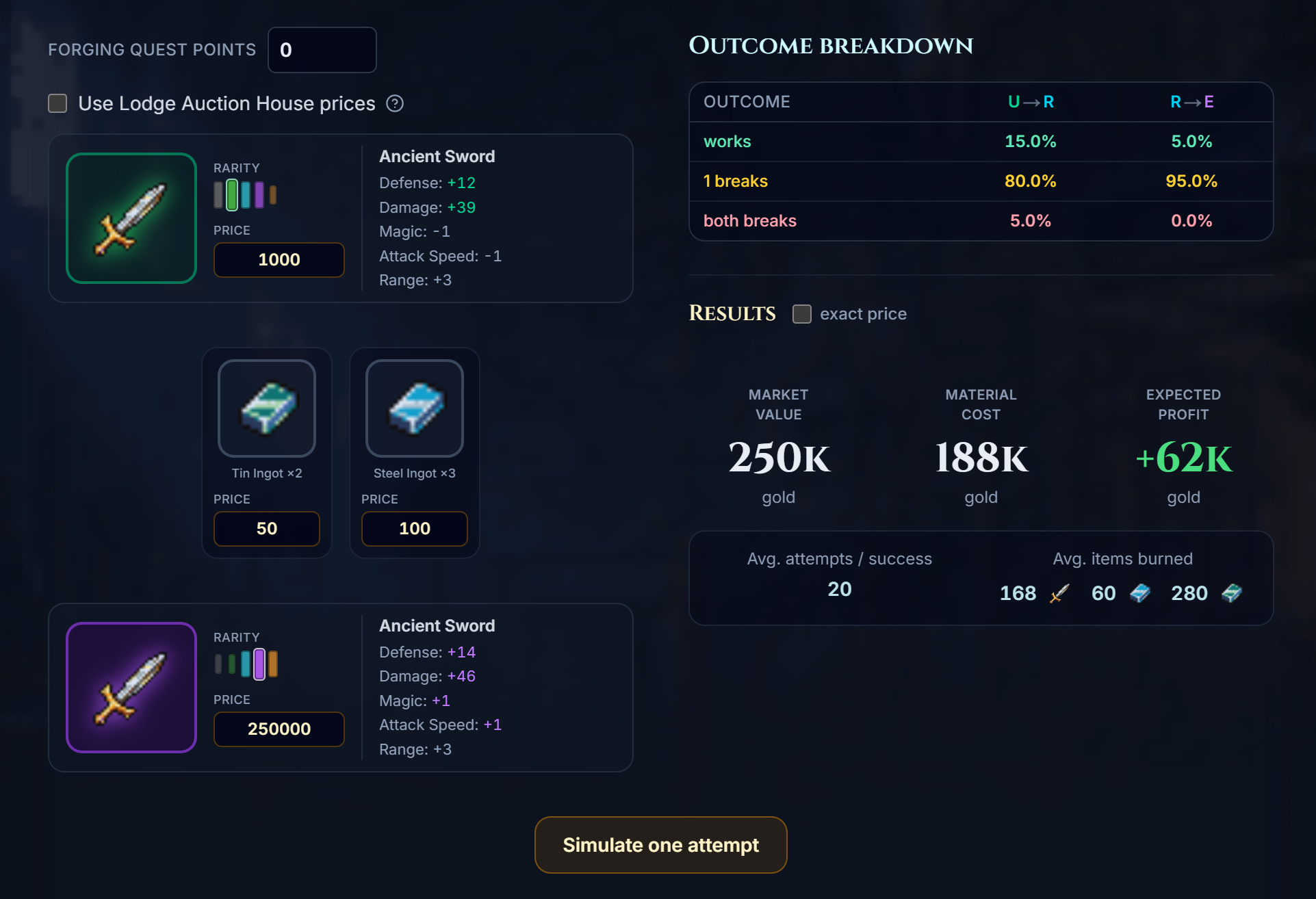 Equipment Craft two-column layout with forge setup and results