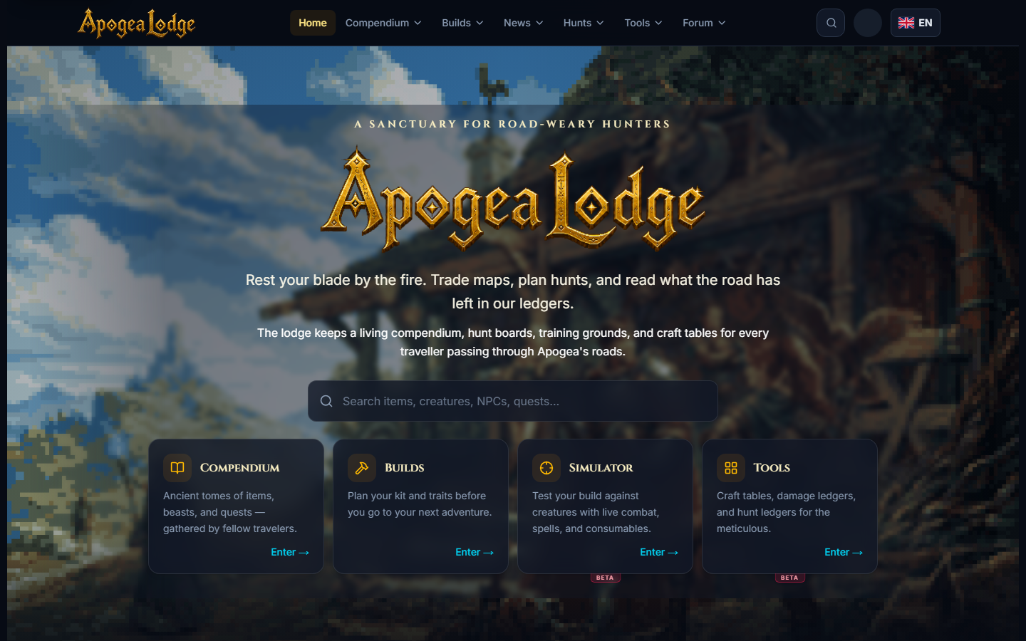 Home page hero with Lodge logotype and feature cards