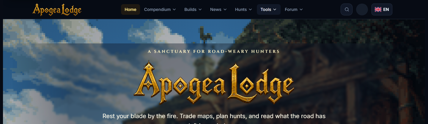 Top bar with Compendium, Builds, Tools, Hunts, Forum, and News menus